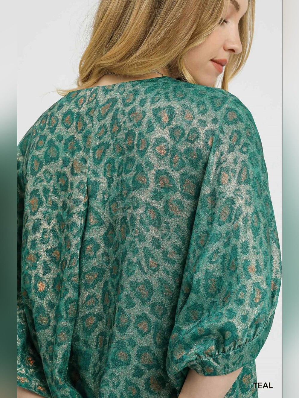 Umgee Metallic Leopard Print V-Neck Kimono Dress- TEAL - Picture 3 of 7